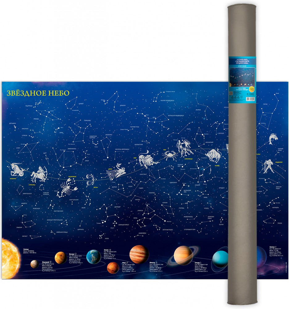 Карта настенная «Звёздное небо/ Планеты. Созвездия, светящиеся в темноте»