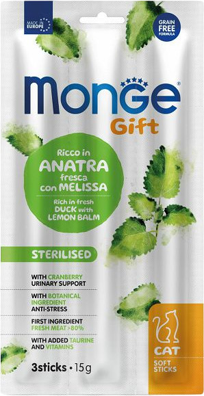 Лакомство для стерилизованных кошек с мясом утки, мелиссой и клюквой | Gift | Monge