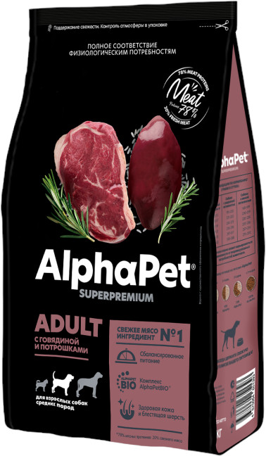 Корм для взрослых собак средних пород с говядиной и потрошками | Superpremium | AlphaPet