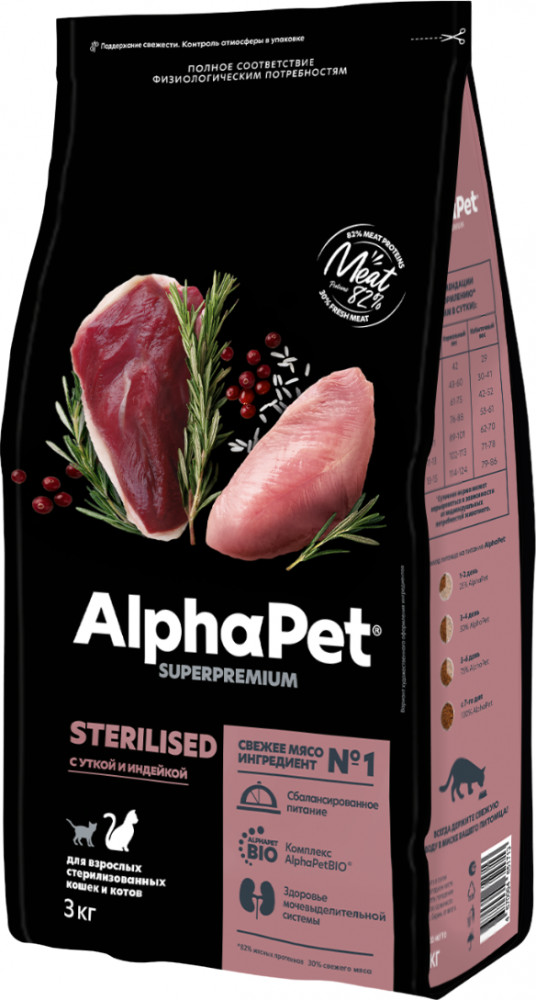 Корм для взрослых стерилизованных кошек и котов с уткой и индейкой | Superpremium | AlphaPet