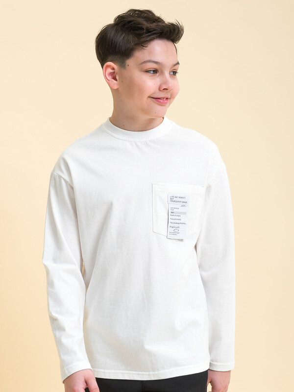 Джемпер для мальчиков лонгслив, белый с накладным карманом с нашивкой, базовый | Pelican