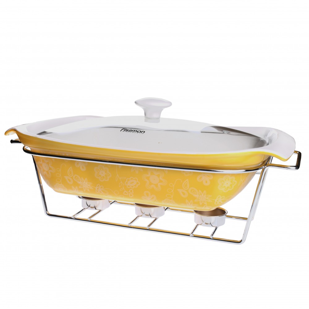 Прямоугольный керамический мармит (2,2 л) желтый с подставкой | Fissman