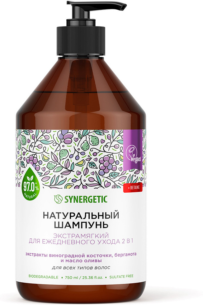 Шампунь для ежедневного ухода натуральный бессульфатный «Экстрамягкий 2 в 1» | Synergetic