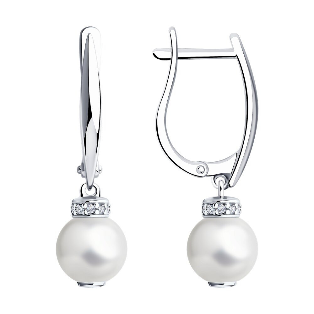 Серьги из серебра с жемчугом и фианитами | SOKOLOV