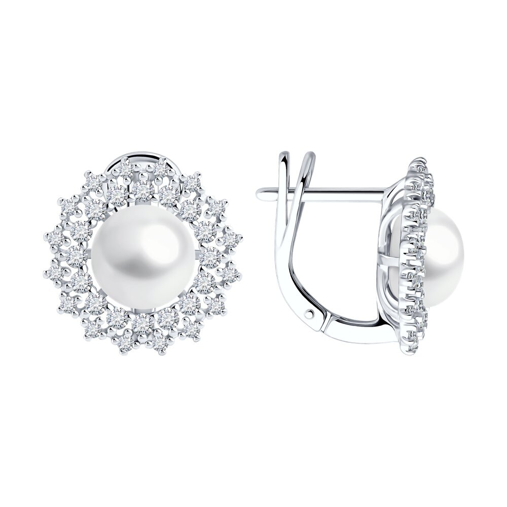Серьги из серебра с жемчугом и фианитами | SOKOLOV