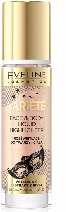 Шиммер для лица и тела жидкий с экстрактом ириса, тон 01 Champagne Gold | Variete | Eveline Cosmetics