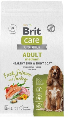 Корм сухой для щенков с лососем и индейкой «Dog Adult M Healthy Skin&Shiny Coat» | Care | Brit