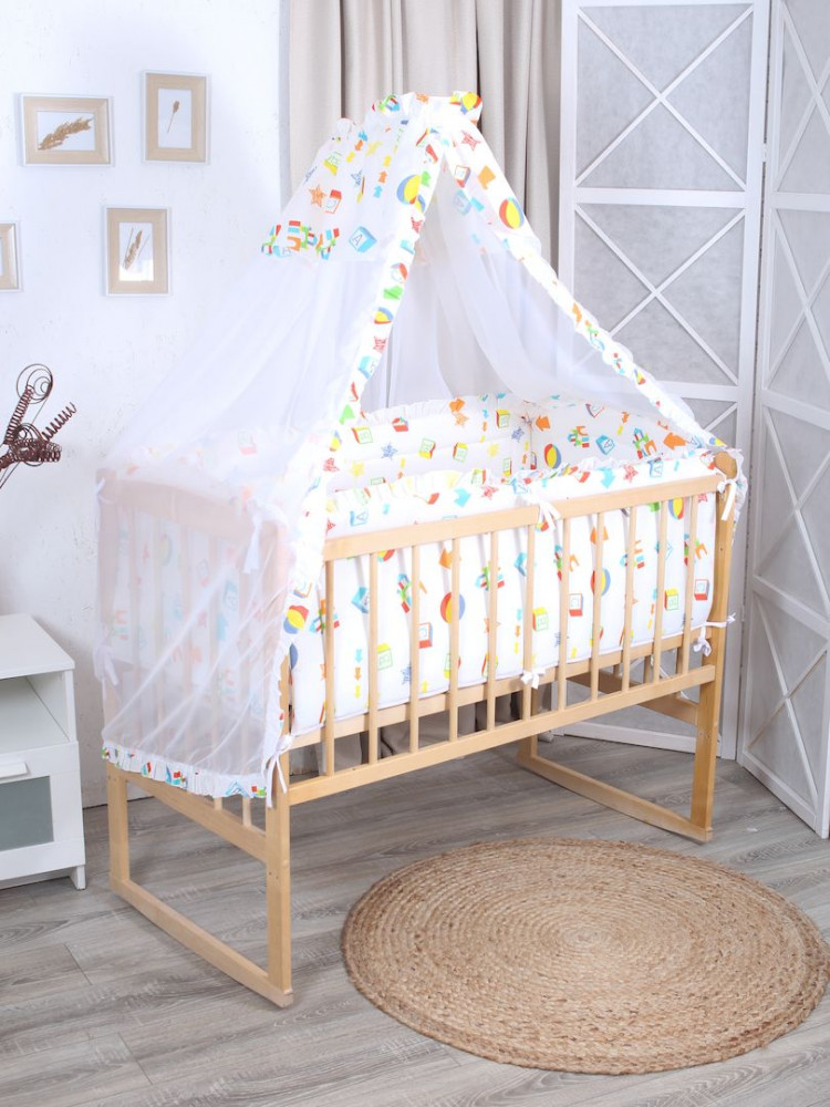 Комплект бортиков в кроватку с балдахином «Мишка играет» | Mona Liza
