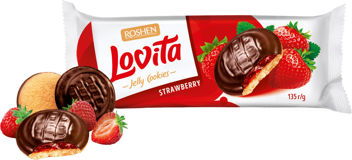 Печенье в шоколадной глазури с желейной начинкой со вкусом клубники «Lovita jelly cookies» | Roshen