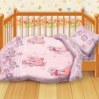 Комплект постельного белья для детской кроватки "Мишутки" (бязь, 1 наволочка 40х60), цвет розовый