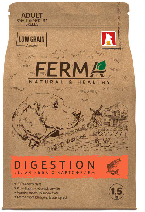 Сухой корм для взрослых собак с белой рыбой и картофелем «Digestion» | Ferma
