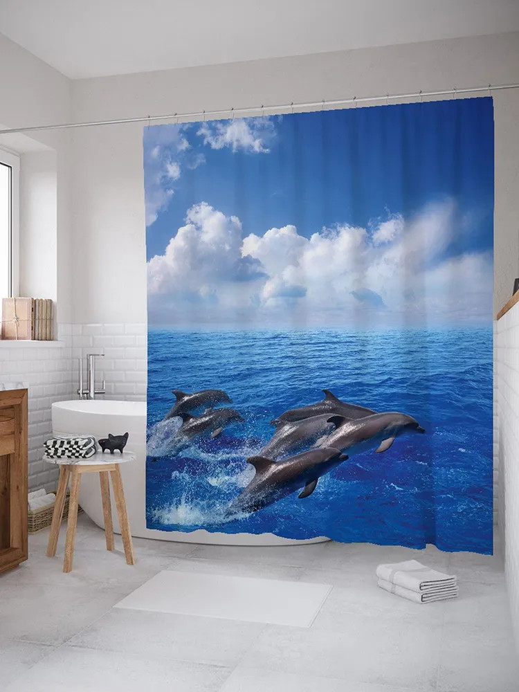 Штора для ванной «Прыгающие дельфины» | Прыгающие дельфины | JoyArty