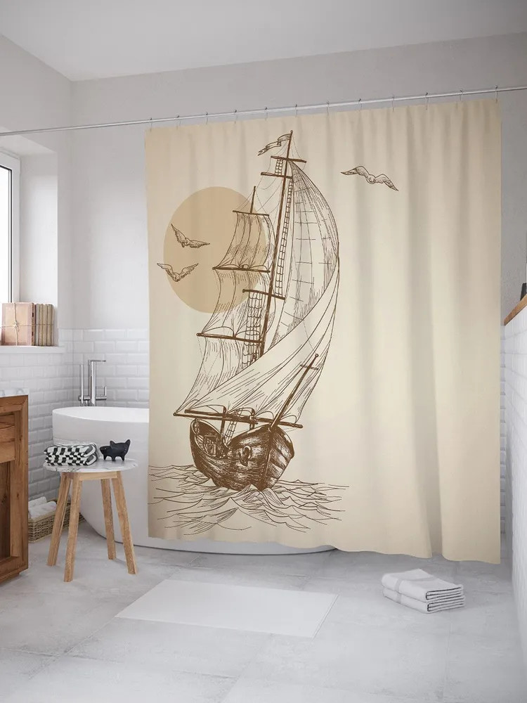 Штора для ванной «Начертания корабля в море» | Начертания корабля в море | JoyArty