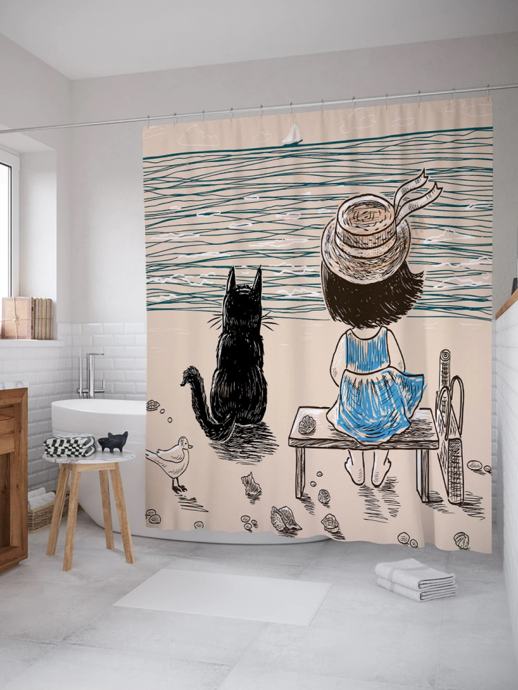 Штора для ванной «Девочка с котом на берегу реки» | Девочка с котом на берегу реки | JoyArty