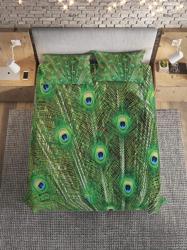 Покрывало с наволочками «Бескрайний павлиний хвост» | Ambesonne