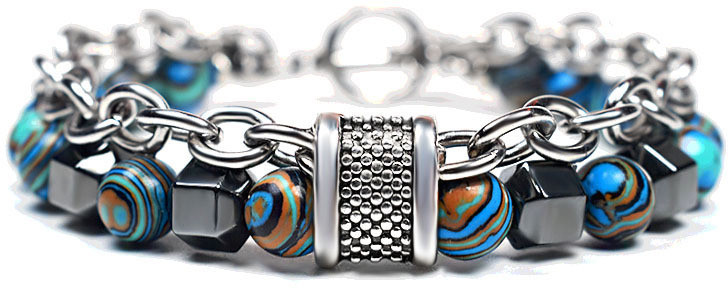 Браслет из металлического бисера с малахитом | Космос