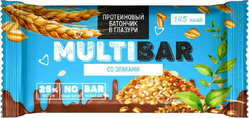 Батончик протеиновый в глазури с повышенным содержанием белка без сахара cо злаками | Multibar