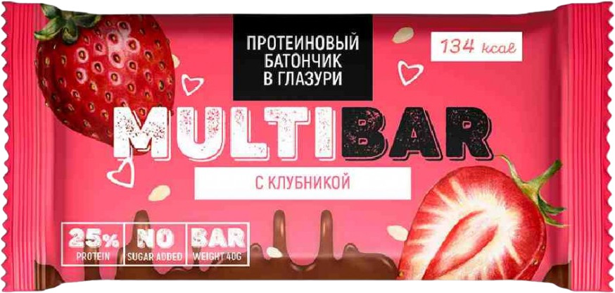 Батончик протеиновый в глазури с повышенным содержанием белка без сахара c клубникой | Multibar