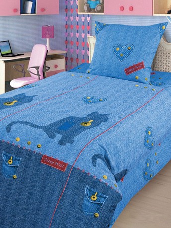 Комплект постельного белья "Джинсовый кот" (арт.8378, 1,5-спальный, бязь, 1 наволочка 70х70) | 4YOU