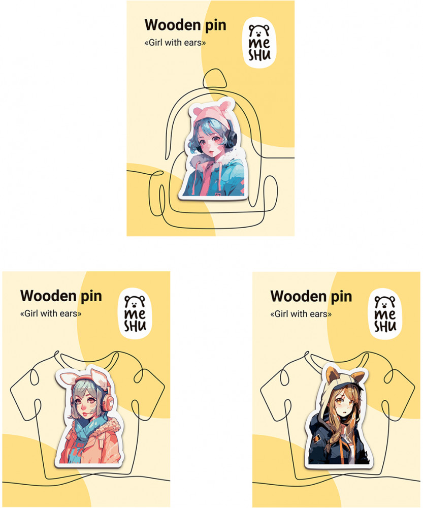 Набор значков деревянных «Girls with ears» | Meshu