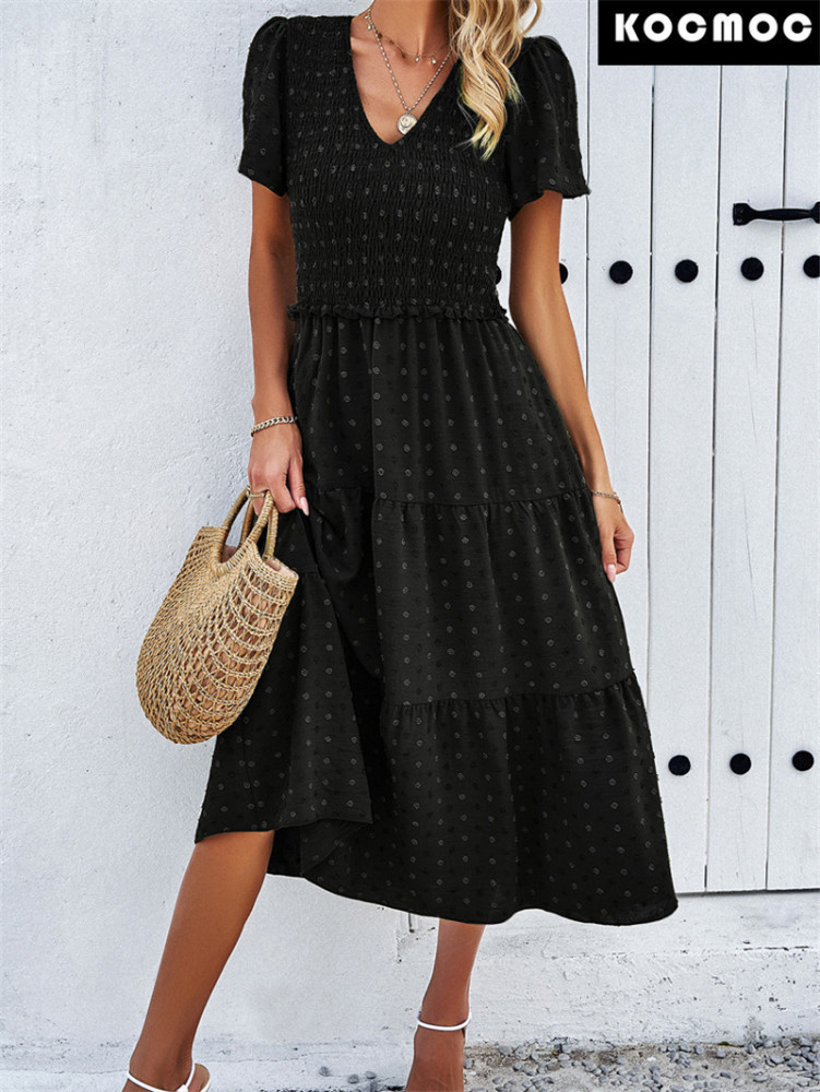 Повседневное однотонное платье с V-образным вырезом и короткими рукавами | Космос