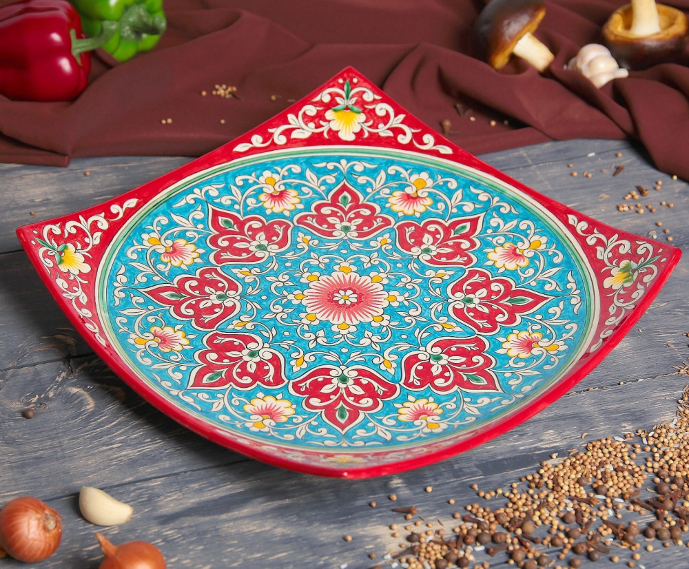 Блюдо-ляган «Цветы» | Риштанская роспись | Шафран