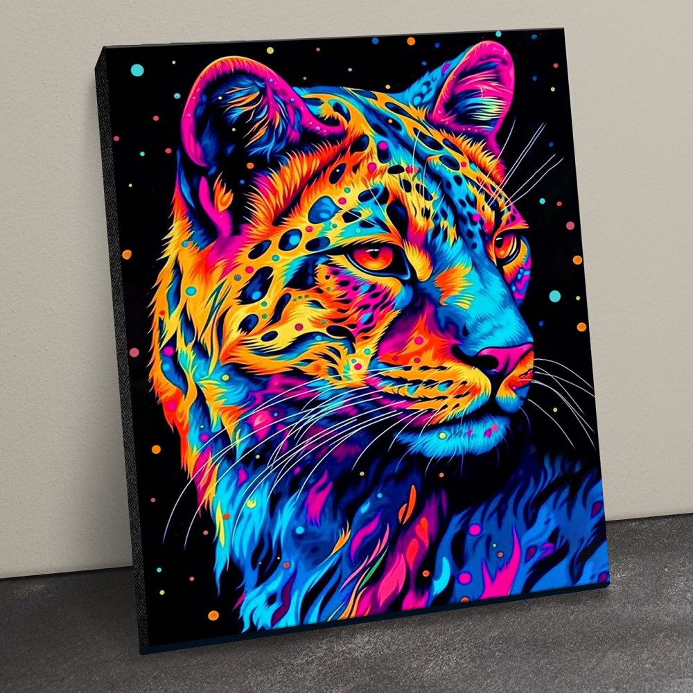 Картина по номерам «Черный холст. Радужный леопард» | Черный холст | Флюид