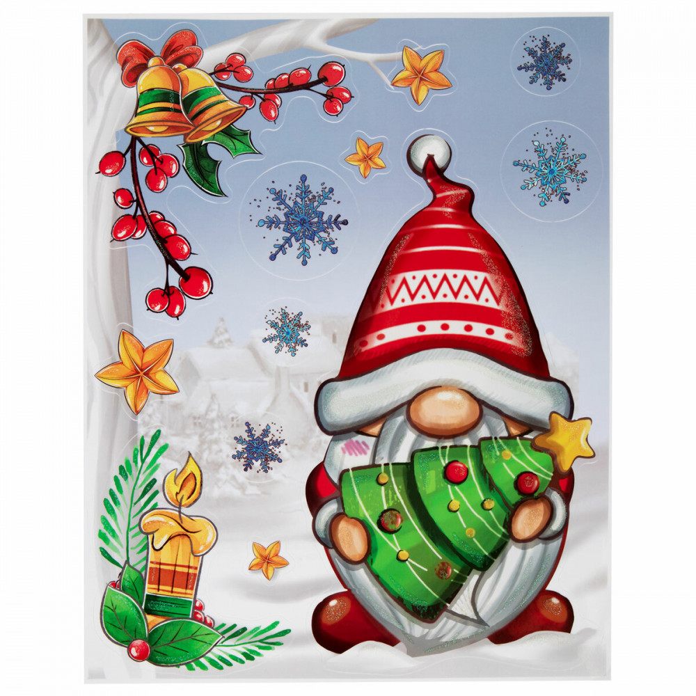 Наклейки для окон многоразовые двусторонние «Рождественский гном» | Золотая сказка