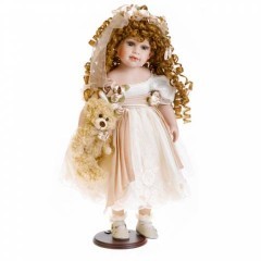 Фарфоровая кукла в светлом платье с вьющимися волосами с плюшевым мишкой Тедди | Reinart Faelens