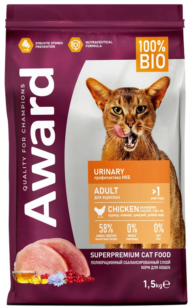 Корм для кошек для профилактики мочекаменной болезни с курицей «Urinary» | Award