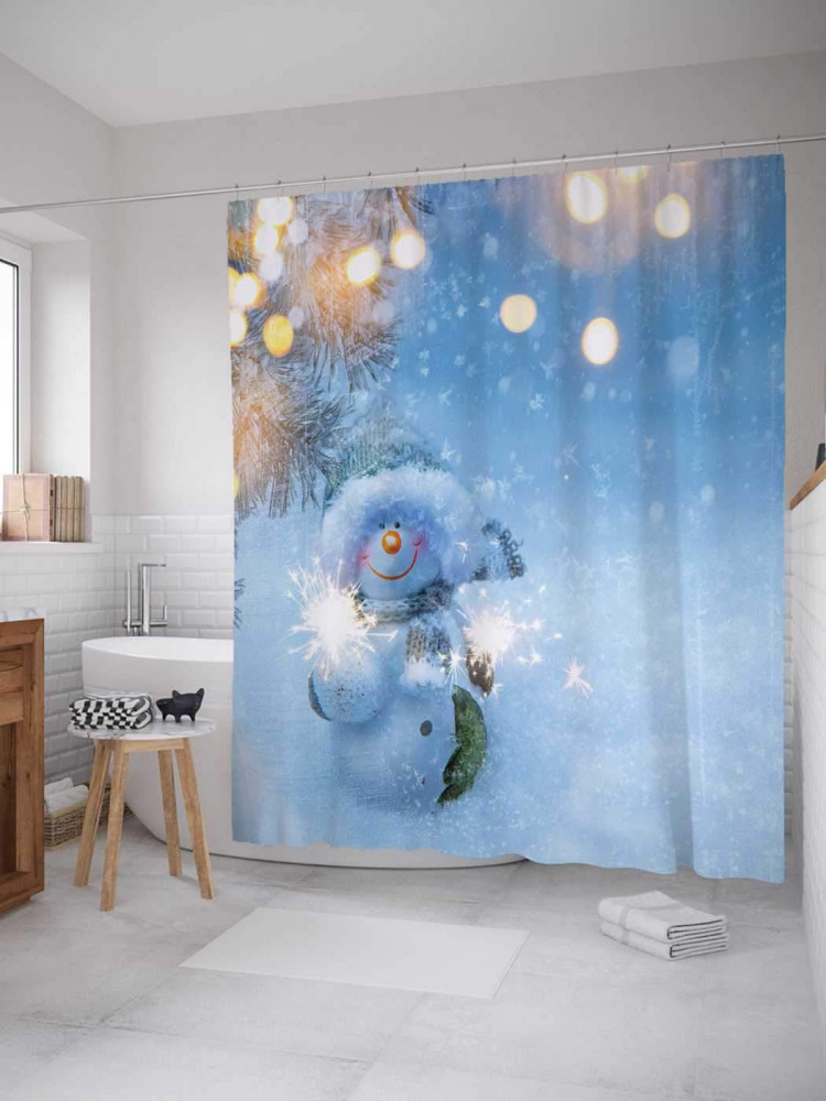 Штора для ванной «Снеговик под елочкой» | Снеговик под елочкой | JoyArty