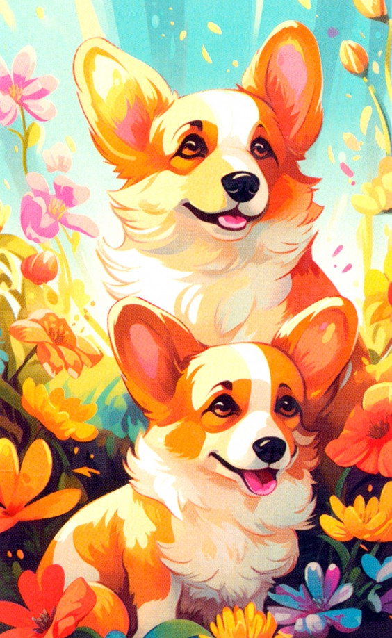 Мозаика алмазная «Цветочные корги» | Алмазное панно на подвесе | Origami