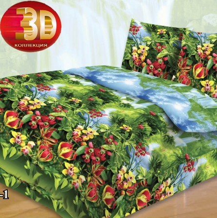 Комплект постельного белья «Райский уголок» с 3D эффектом (арт. 3913/1, семейный, бязь, 2 наволочки 70х70) | Павлина 3D | Протекс