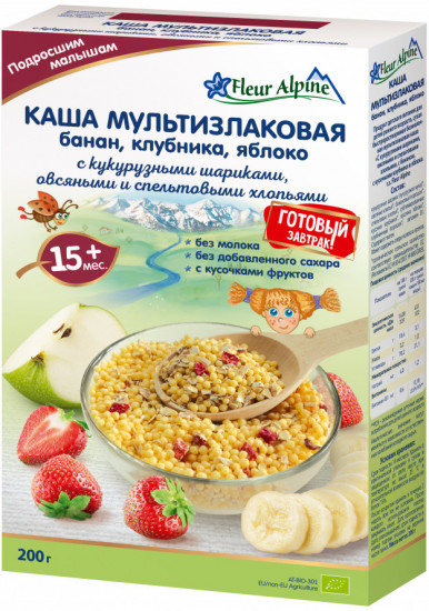 Каша мультизлаковая с кукурузными шариками, овсяными и спельтовыми хлопьями «Банан, клубника, яблоко»