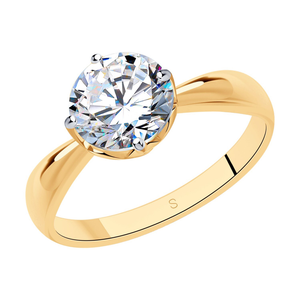 Кольцо помолвочное из золочёного серебра с фианитом | SOKOLOV