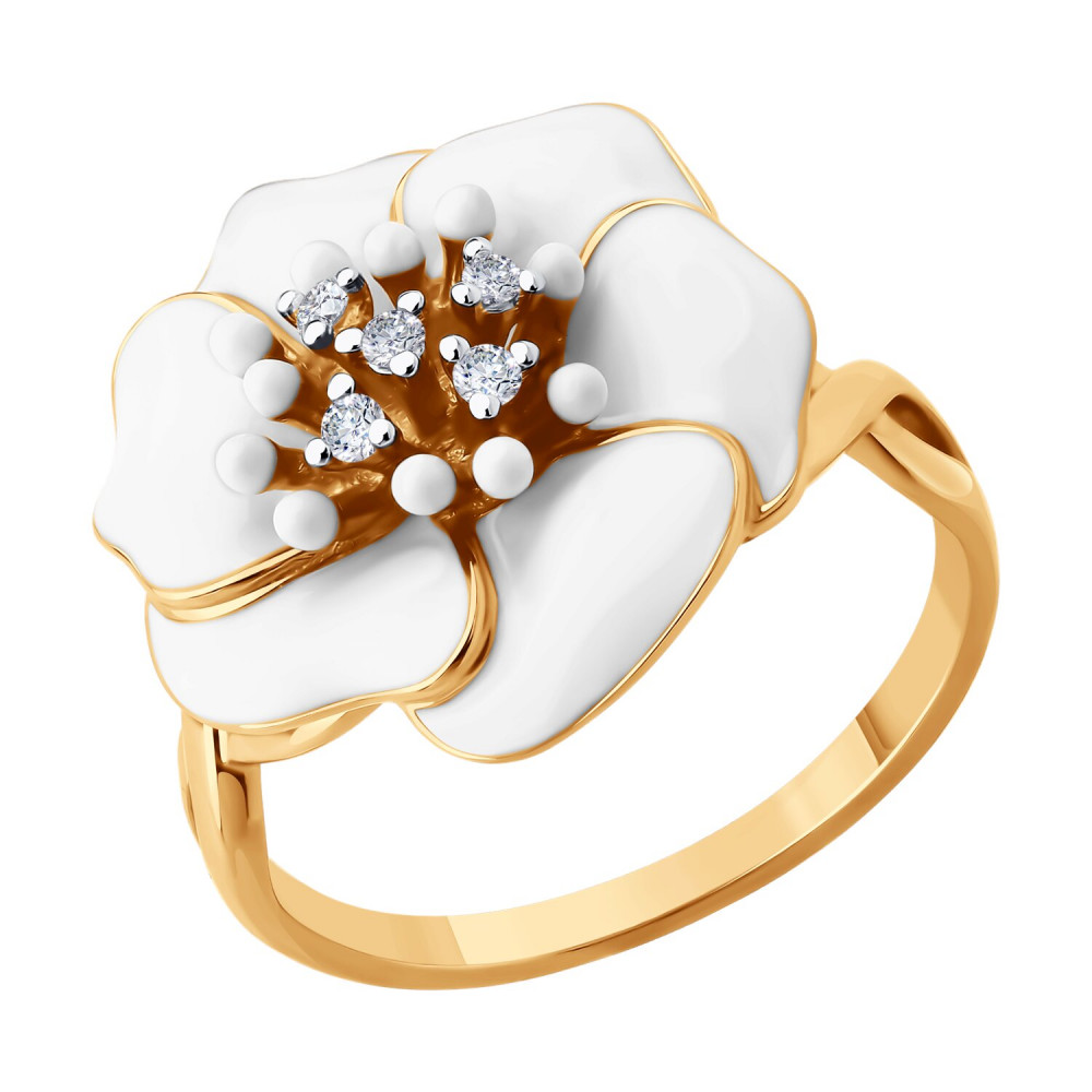 Кольцо из золочёного серебра с фианитами и эмалью | SOKOLOV