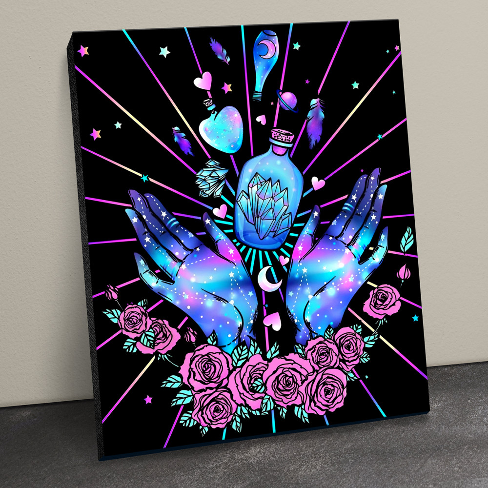 Картина по номерам «Волшебство рук» | Черный холст | Флюид