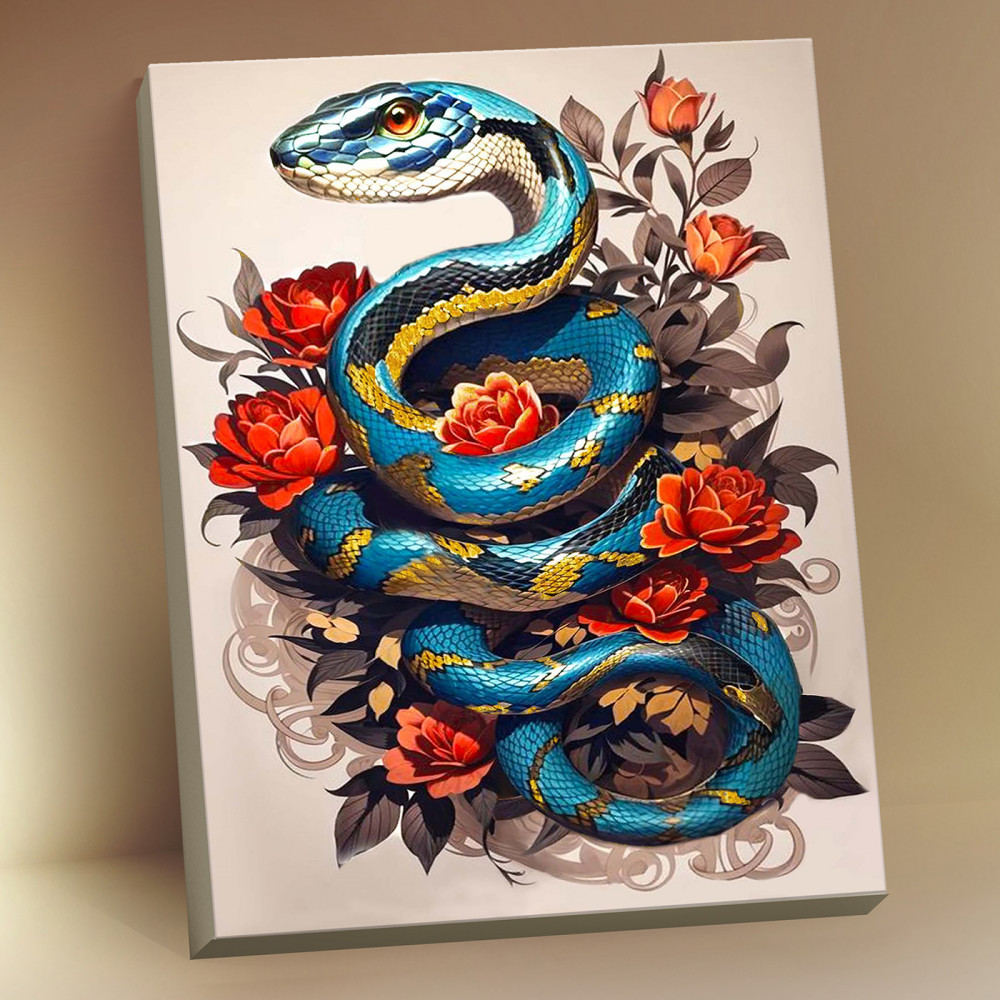 Картина по номерам с поталью «Змея в цветах» | Флюид