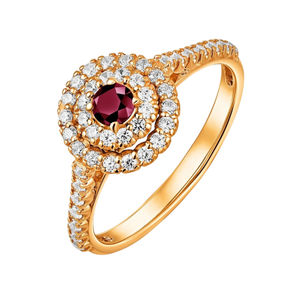 Кольцо из золочёного серебра с рубином и фианитами | Lucente Silver