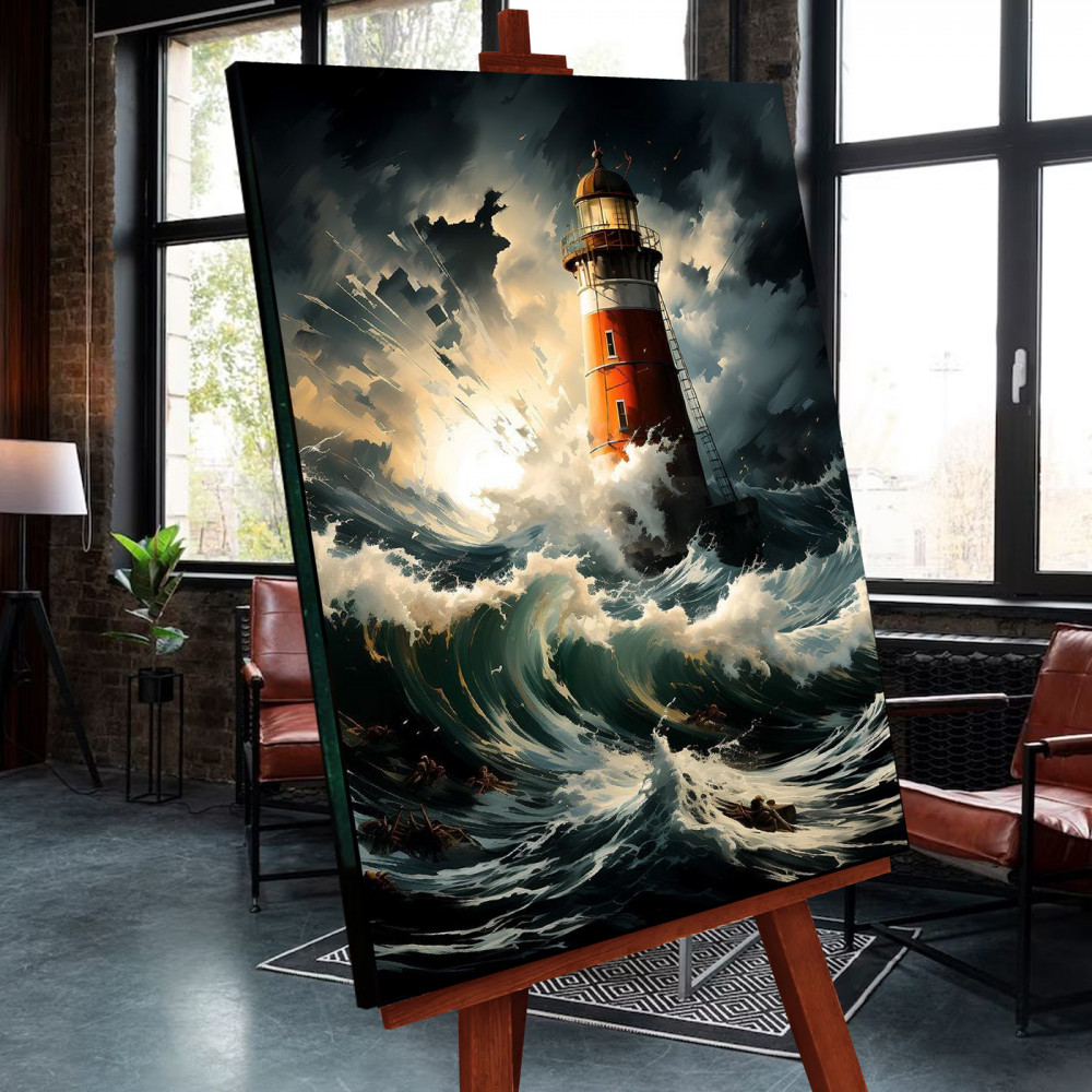 Картина по номерам «Маяк в бушующем море» | Черный холст | Флюид