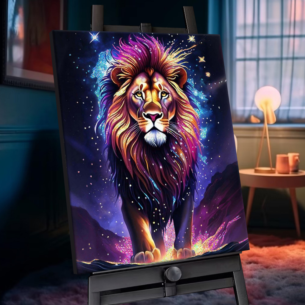 Картина по номерам кристаллами из хрусталя «Космический лев» | Черный холст | Флюид