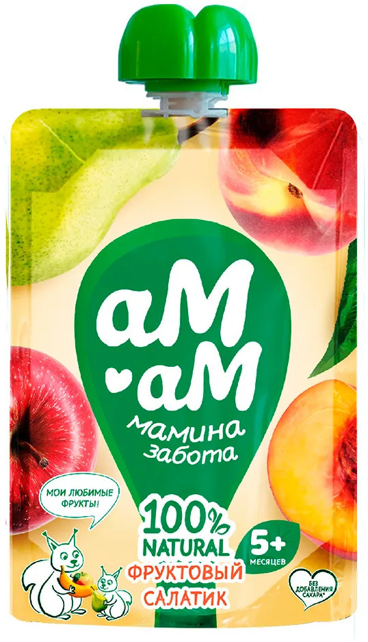 Пюре из яблок, груш и персиков для питания детей раннего возраста «Фруктовый салатик» | АМ-АМ