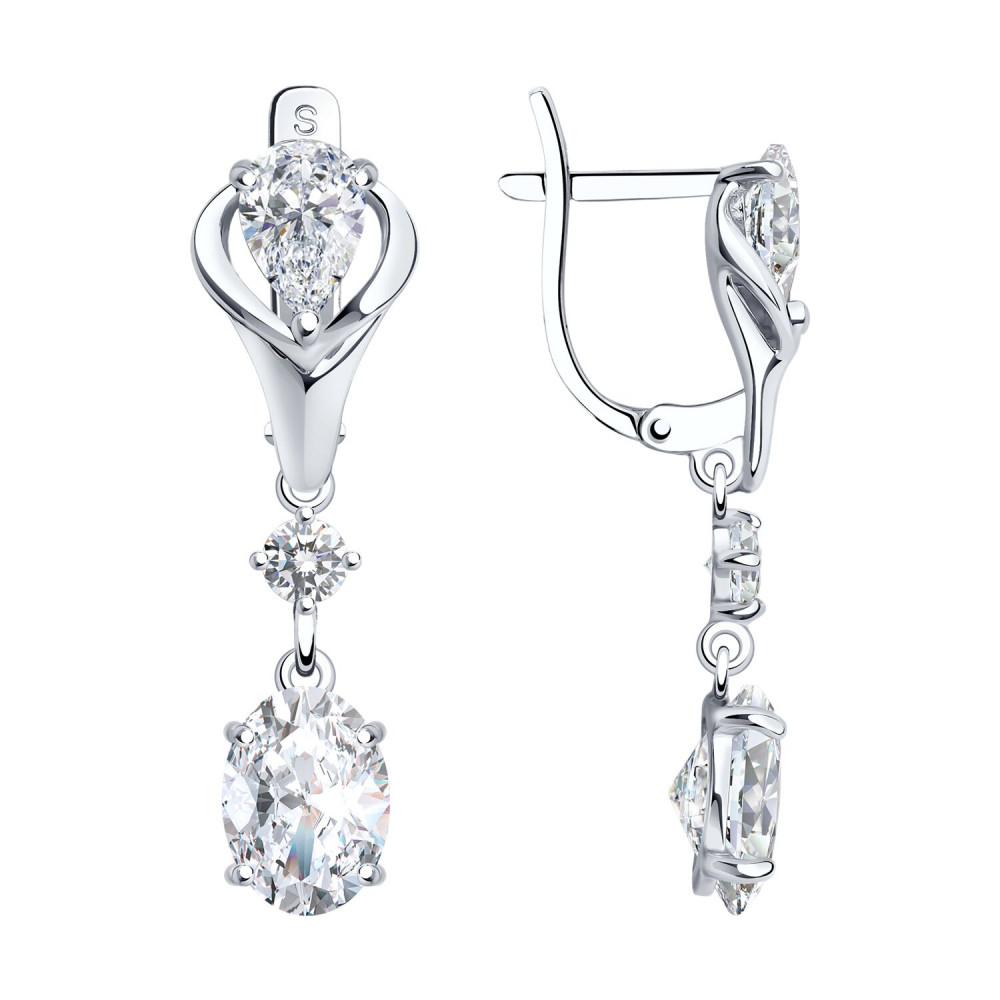 Серьги длинные из серебра с фианитами | SOKOLOV