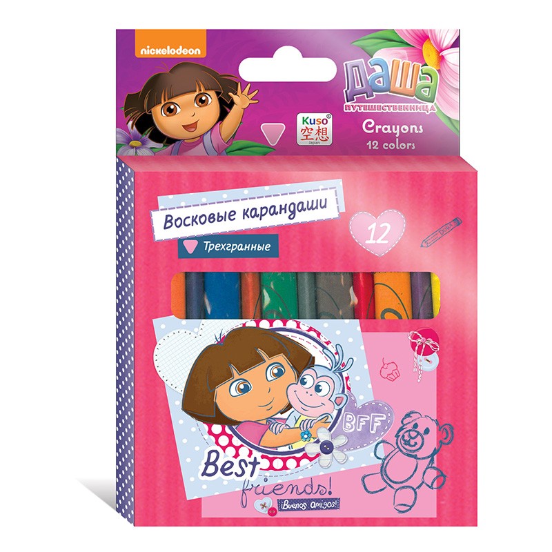 Восковые карандаши трехгранные, 12 цветов | Даша - путешественница | KUSO