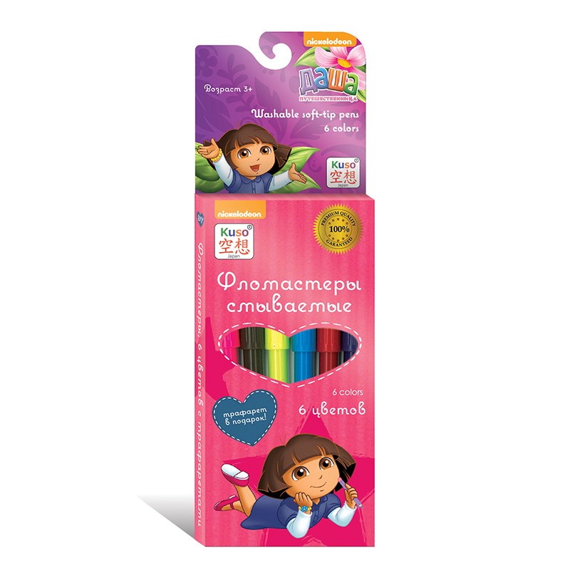 Фломастеры смываемые, 6 цветов | Даша - путешественница | KUSO