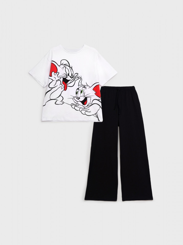 Комплект для девочек: футболка, брюки | Home_Black&White Tom&Jarry | PlayToday