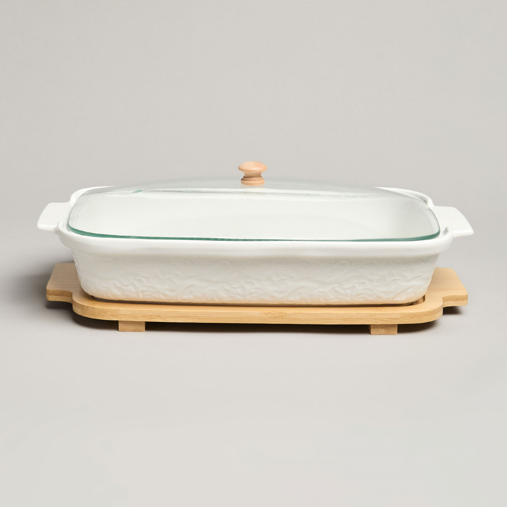 Блюдо для выпекания и сервировки со стеклянной крышкой на деревянной подставке «Muse» | Muse | Lefard