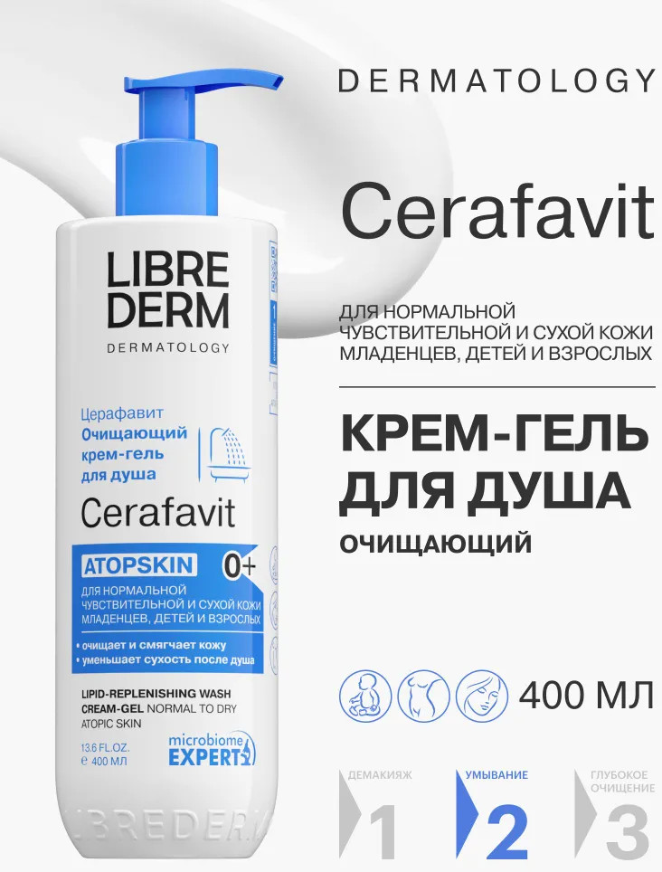 Крем-гель для душа очищающий липидовосстанавливающий с церамидами и пребиотиком Atopskin «Церафавит» | Cerafavit | Librederm