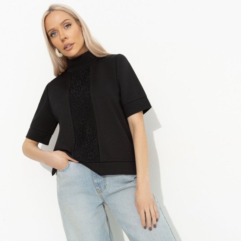 Водолазка комбинированная с кружевом Фирменное приветствие (черная, со вставкой) | Charutti