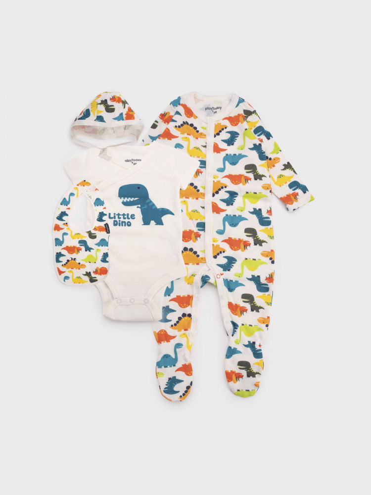 Комплект детский трикотажный для мальчиков: боди, комбинезон, нагрудник, чепчик | Digitized Dino | PlayToday